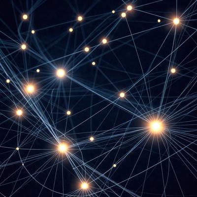 The primary subject of the image is a cluster of bright, glowing lights in a dark background. The lights are arranged in a complex pattern, creating a visually striking scene. The setting appears to be a night sky, with the lights illuminating the darkness. The visual style of the image is a combination of digital art and illustration, giving it a unique and captivating appearance. The colors and mood of the image are predominantly dark and mysterious, with the bright lights providing a contrasting and eye-catching element.